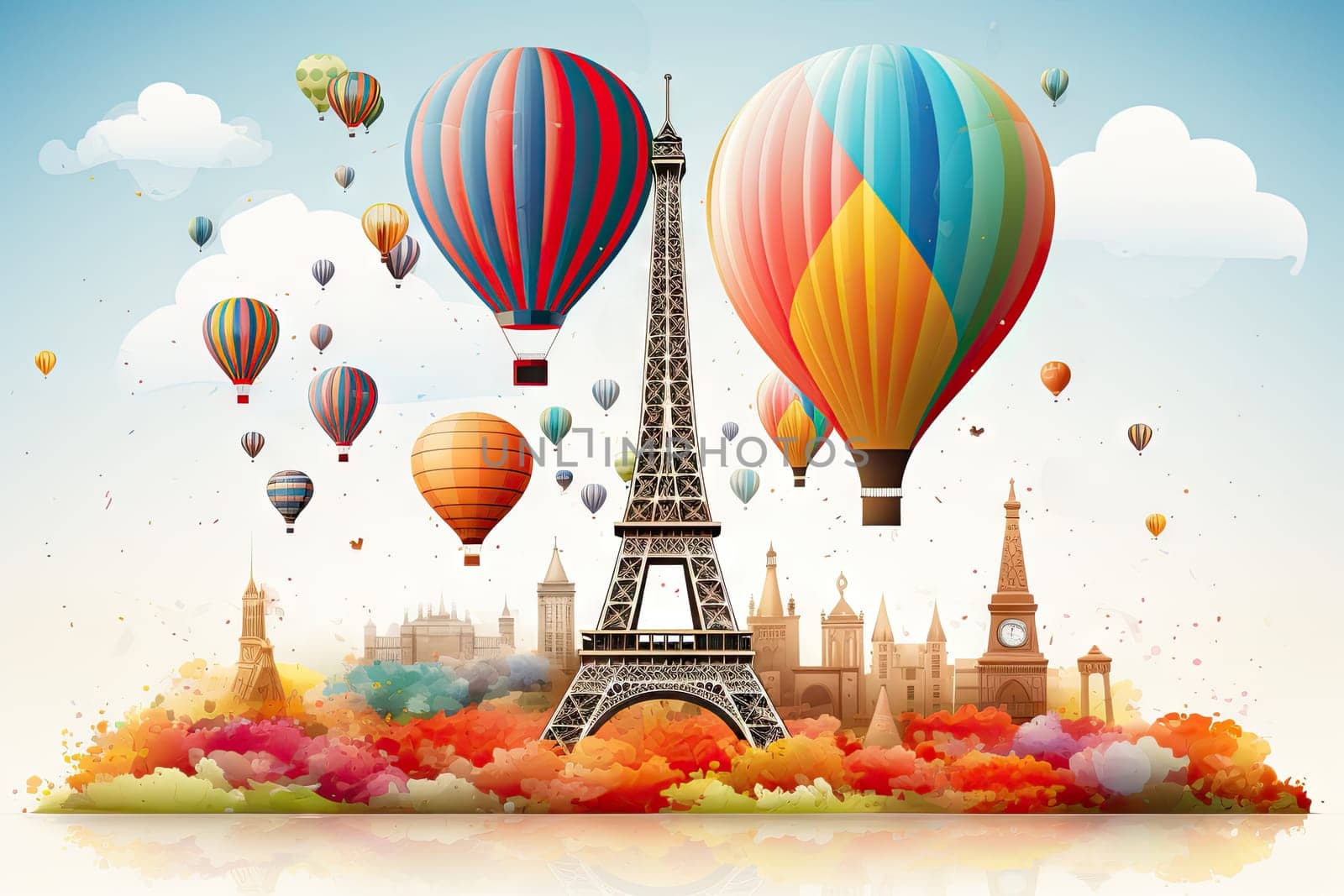 New Year's idea with the Eiffel Tower and hot air balloons during the New Year.by Generative AI.