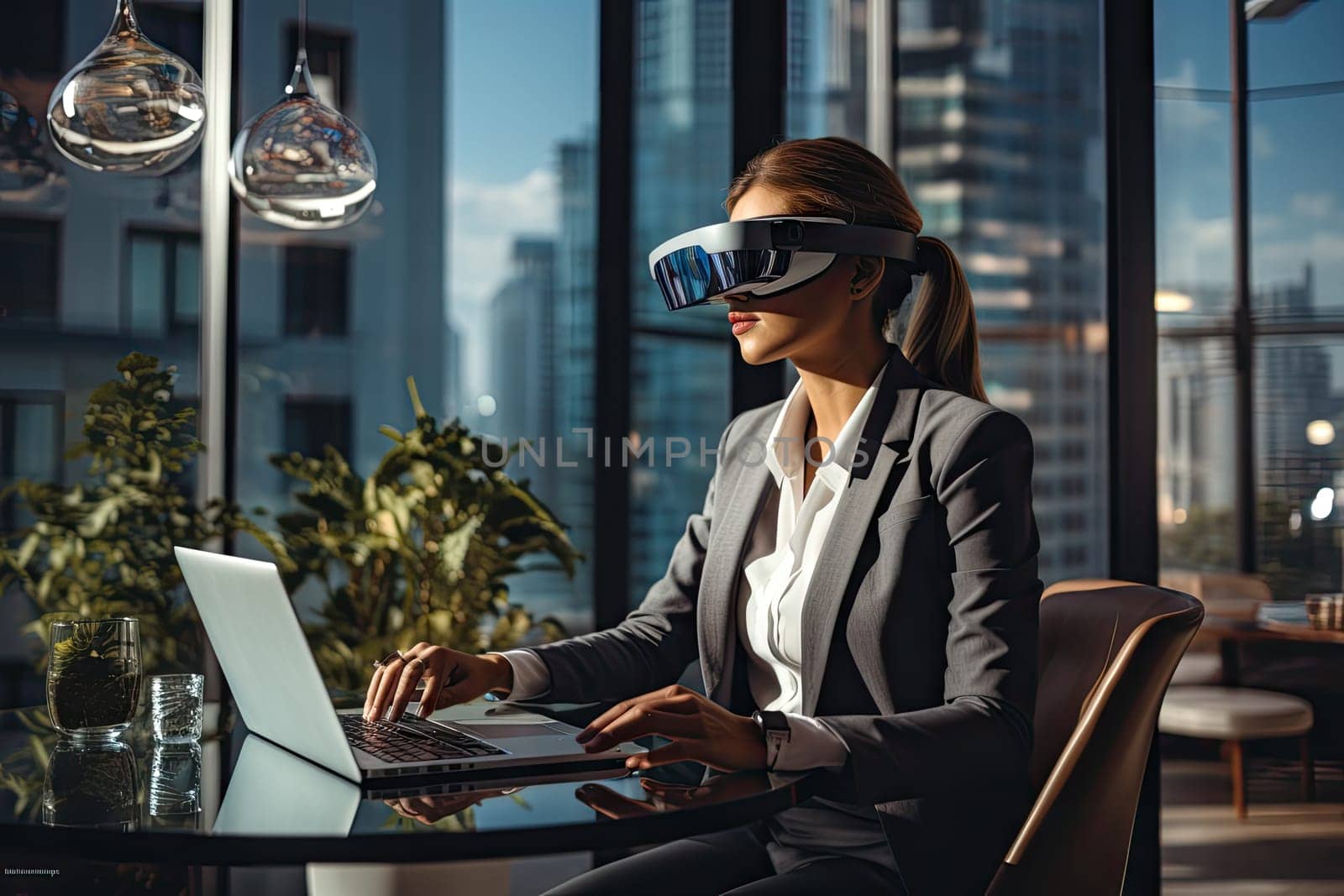 Business woman wearing a VR headset. Surreal world and virtual reality. Working in a modern office by Generative AI.