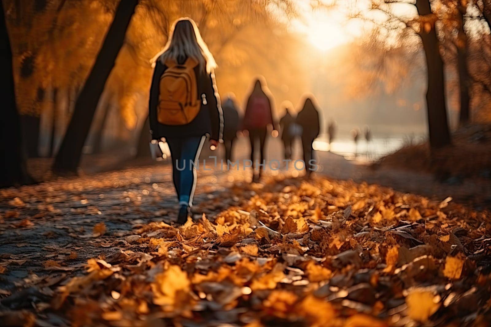 A blurry group of people in the background were walking on a road near a park. Colorful morning pictures. Autumn scene, warm weather by Generative AI.