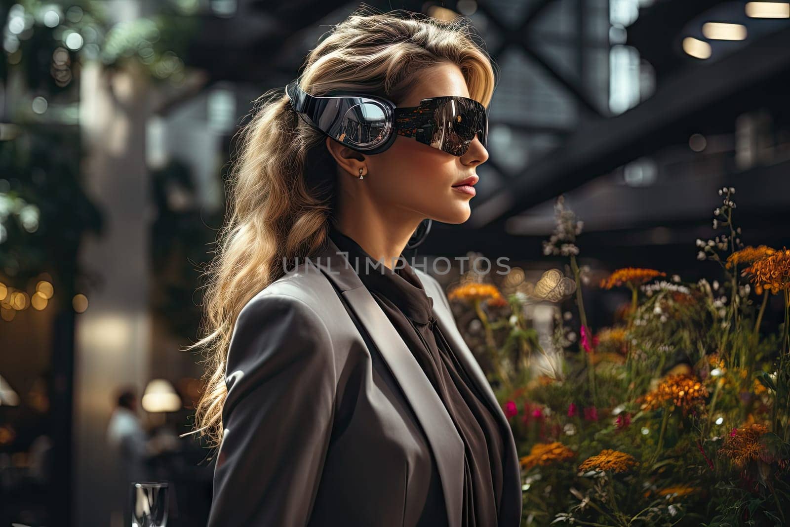 Business woman wearing a VR headset. Surreal world and virtual reality. Working in a modern office by Generative AI by wichayada