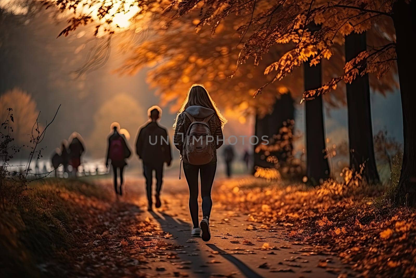 A blurry group of people in the background were walking on a road near a park. Colorful morning pictures. Autumn scene, warm weather by Generative AI.