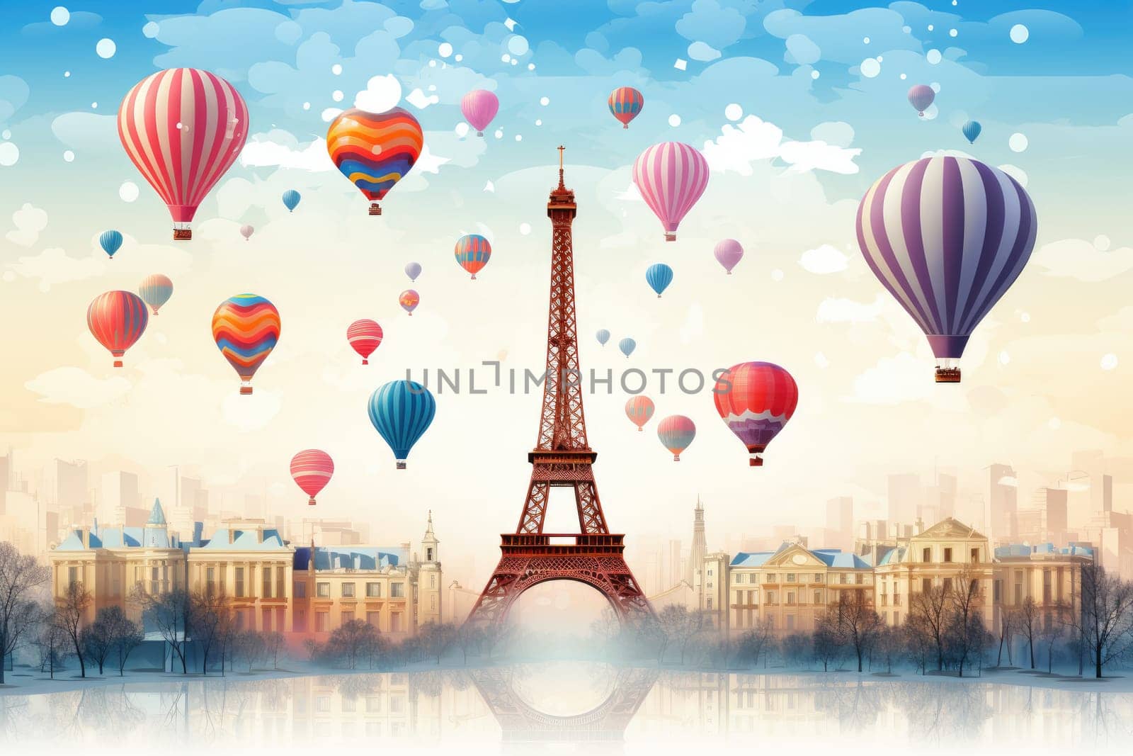 New Year's idea with the Eiffel Tower and hot air balloons during the New Year.by Generative AI by wichayada