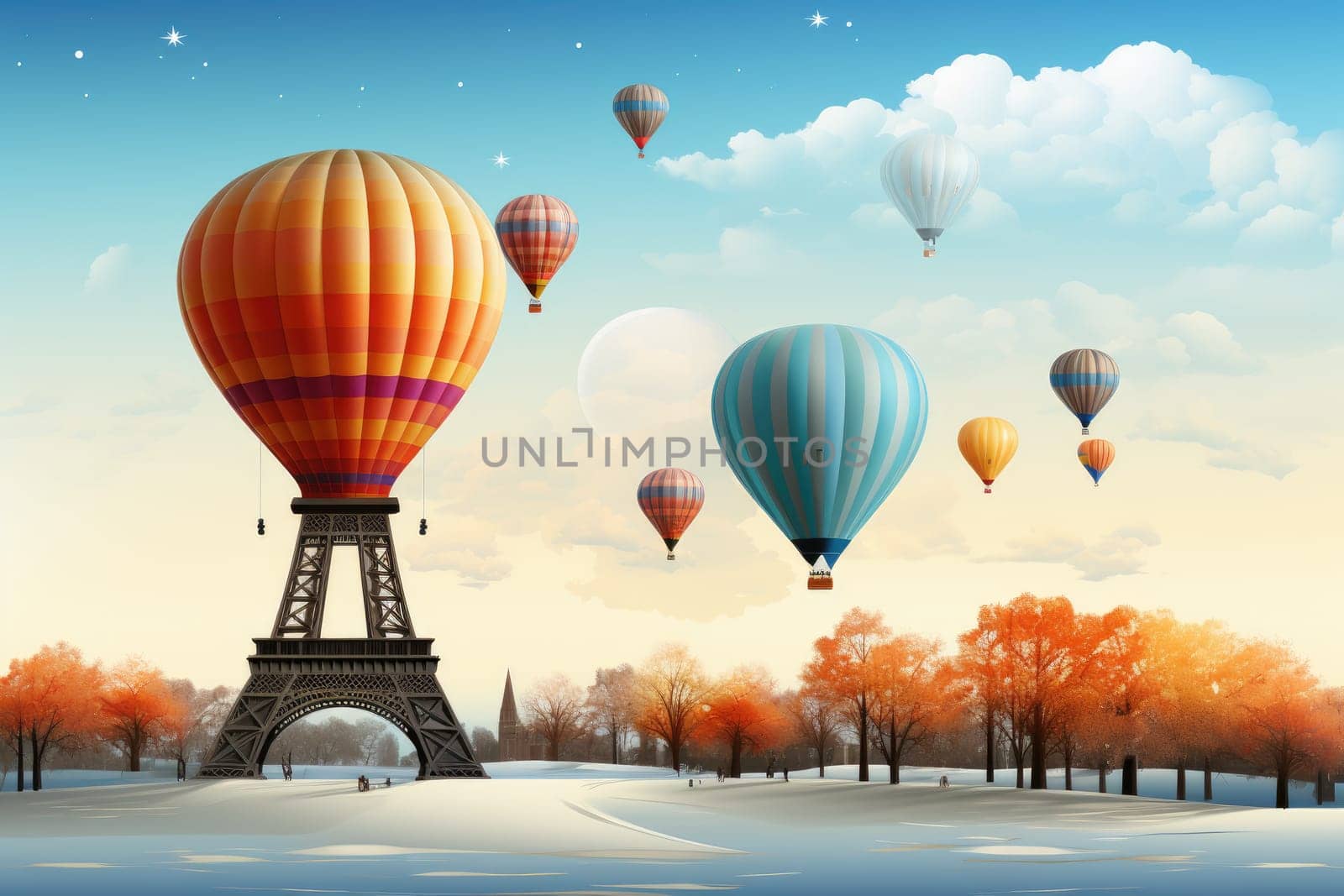 New Year's idea with the Eiffel Tower and hot air balloons during the New Year.by Generative AI by wichayada