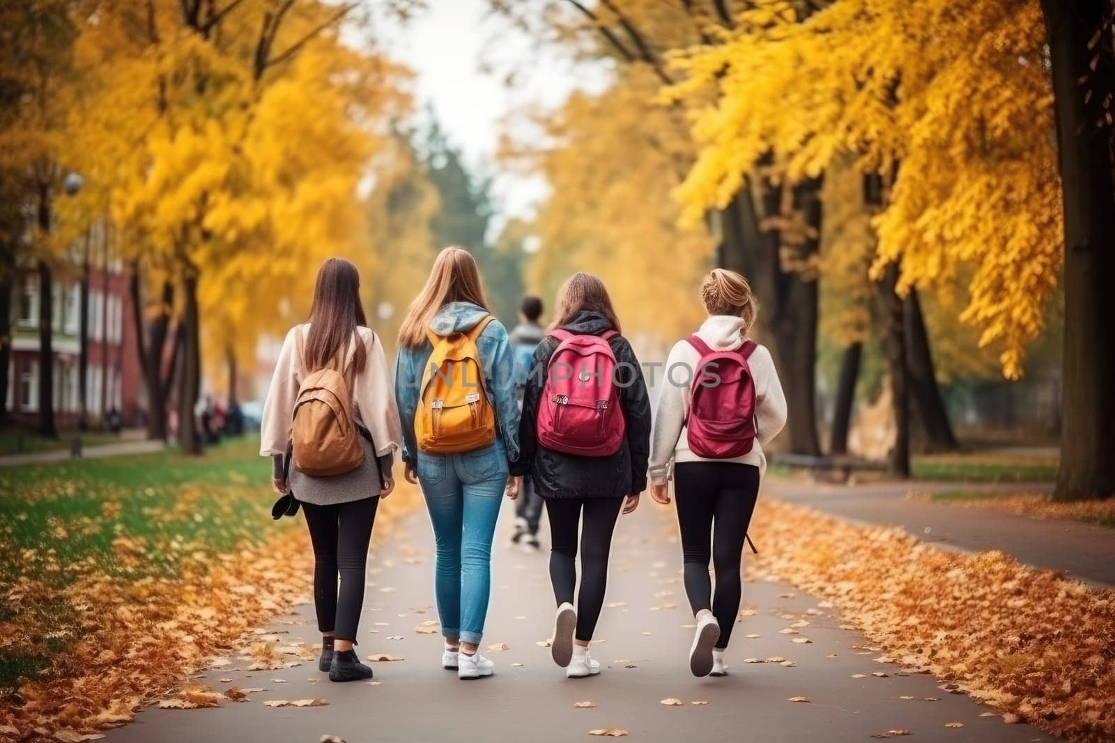 Rear view of two happy cute children, age 15, walking side by side on the street in the school area.by Generative AI by wichayada