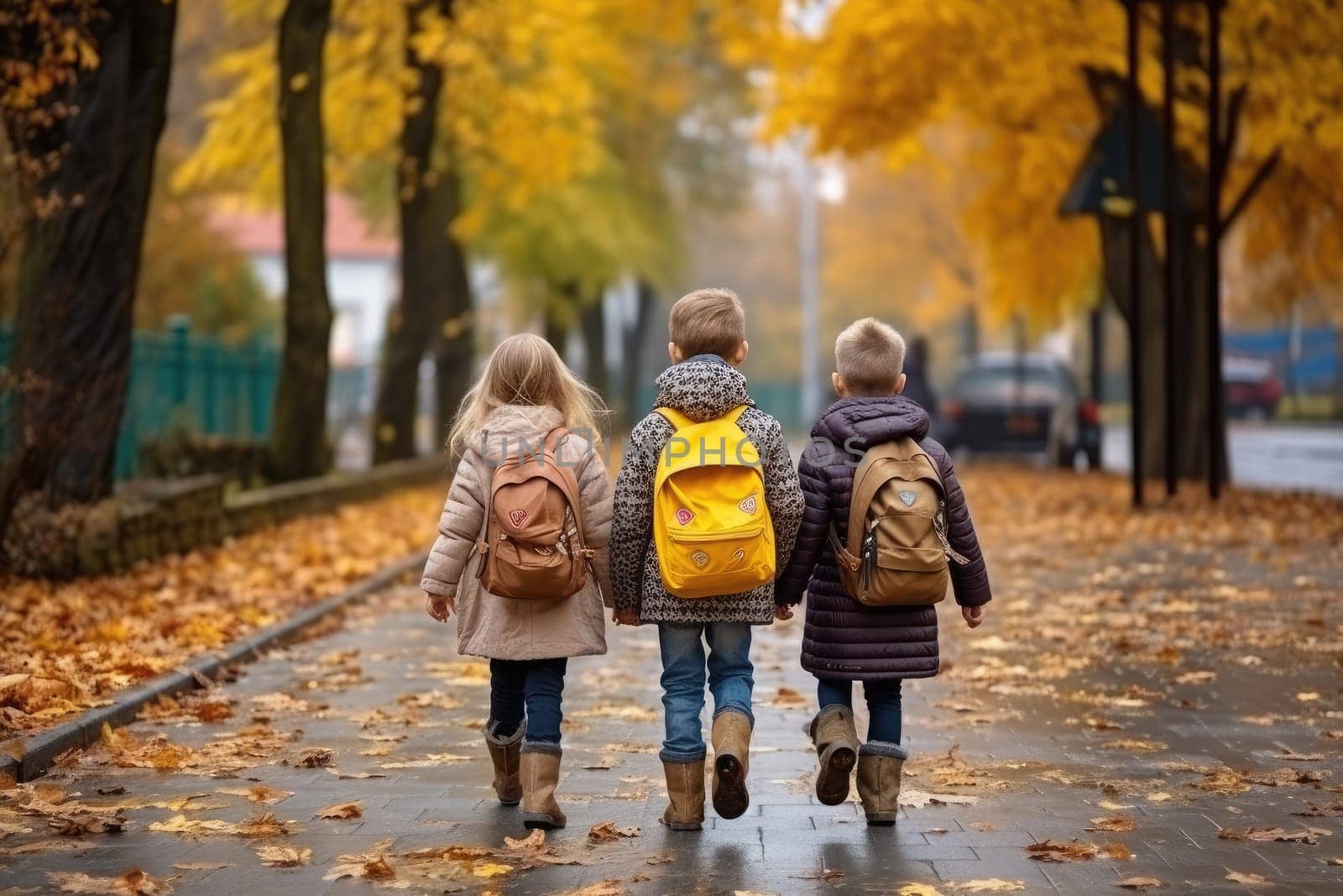 Rear view of two happy cute children, age 15, walking side by side on the street in the school area.by Generative AI by wichayada