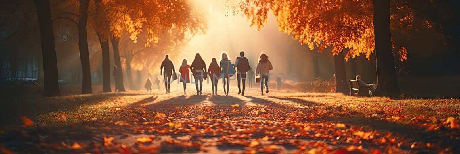 A blurry group of people in the background were walking on a road near a park. Colorful morning pictures. Autumn scene, warm weather by Generative AI.