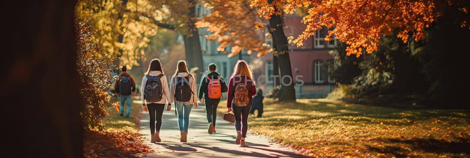 A blurry group of people in the background were walking on a road near a park. Colorful morning pictures. Autumn scene, warm weather by Generative AI.