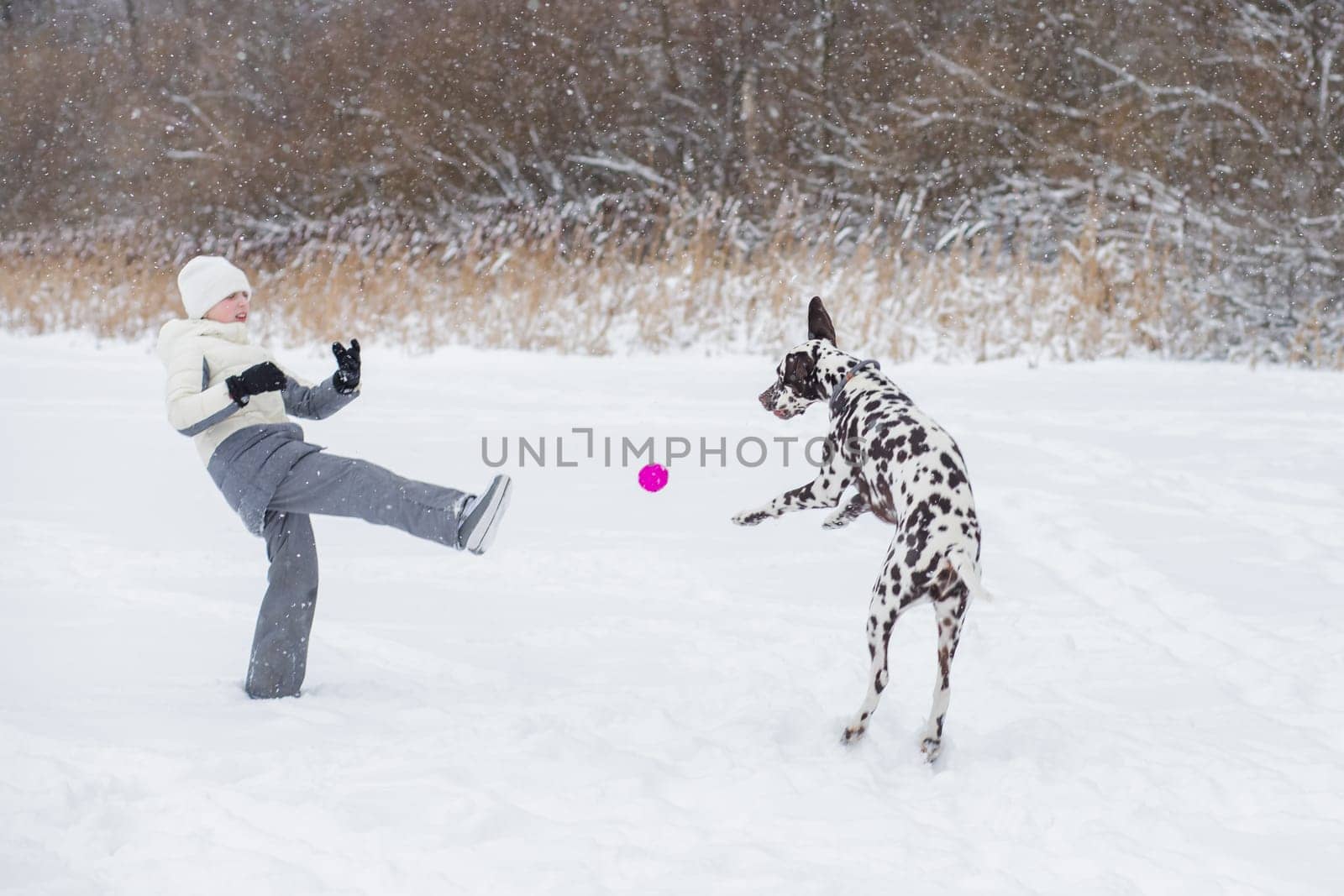 Young girl portrait in pink hat playing active game with her dog golden retriever in winter season