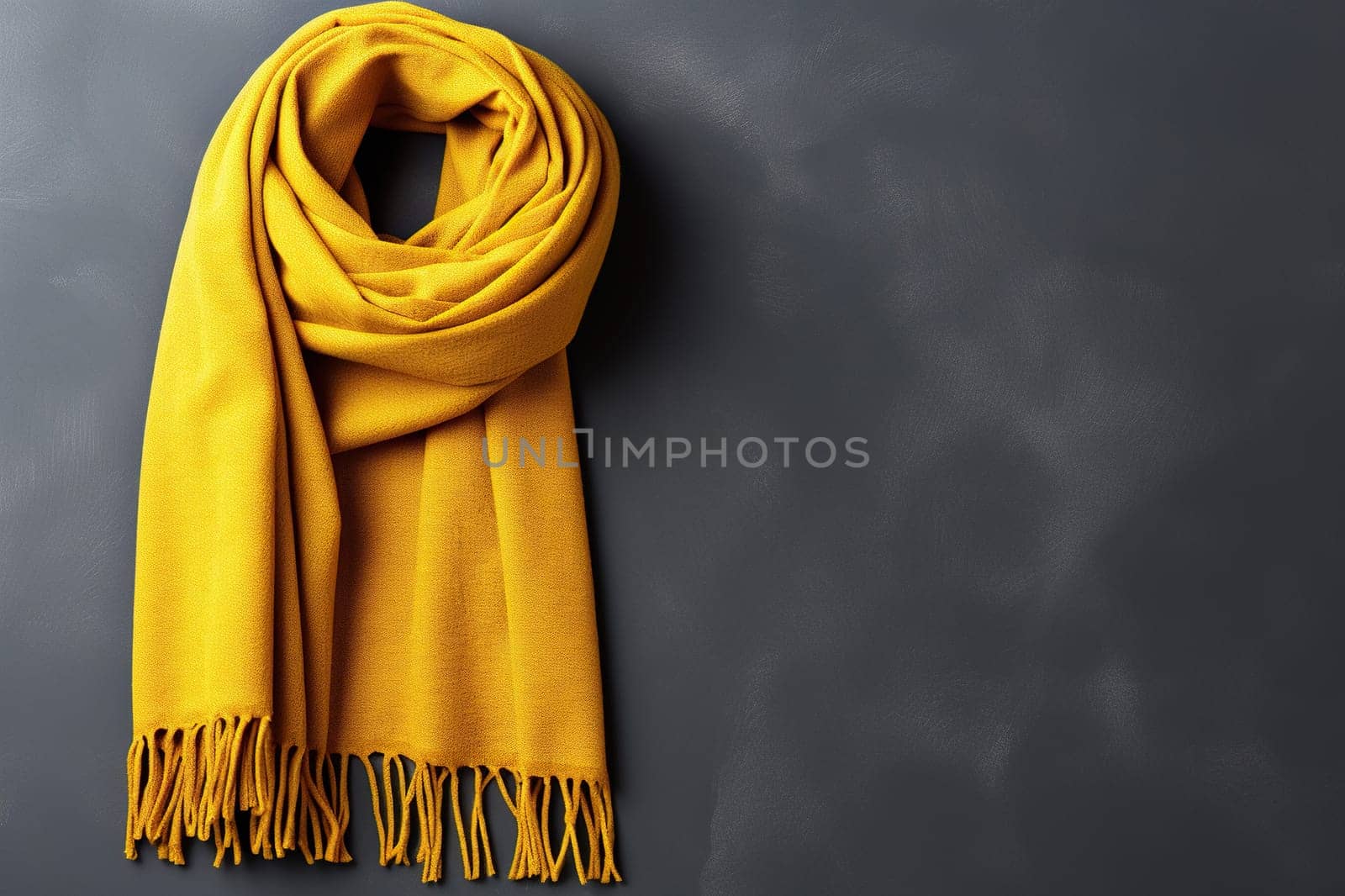 Yellow warm scarf on a background of a gray concrete wall.