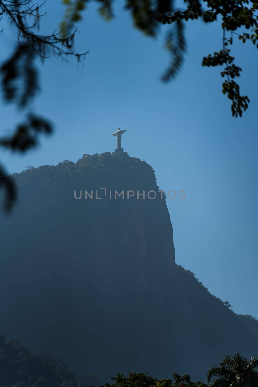 "Christ the Redeemer and mountain silhouette in Rio de Janeiro, framed by trees against a clear blue sky."