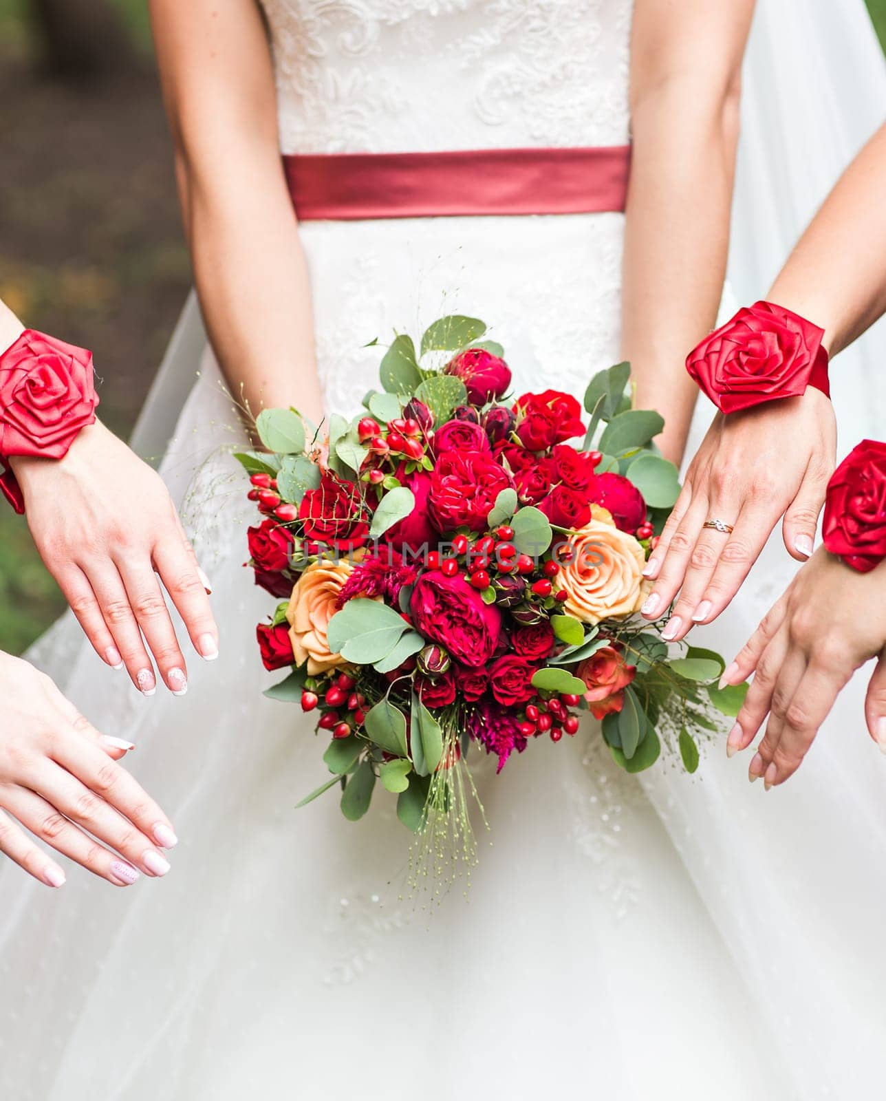 Close up of bride and bridesmaids bouquet.