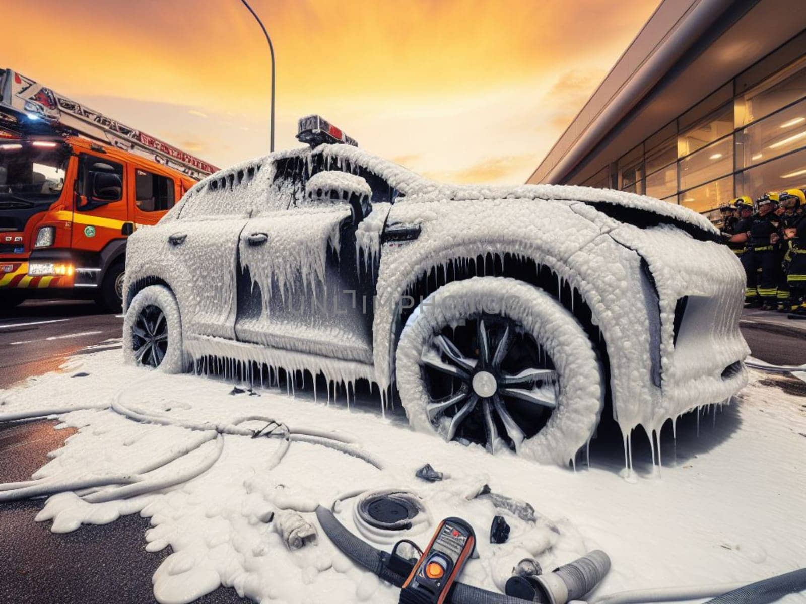 burned melted ev electric car, battery failure in parking lot, firefighter use foam to extinguish generative ai art