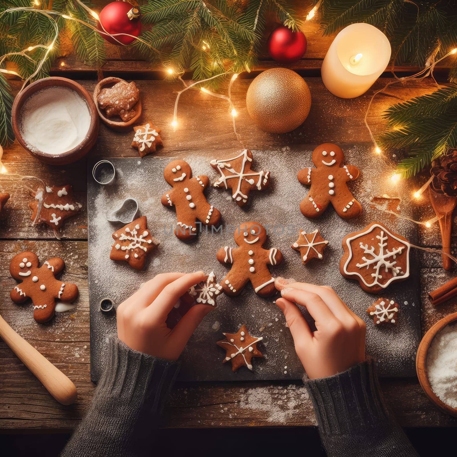 Hands decorating gingerbread cookies with icing on rustic wooden table on background of christmas golden lights. Atmospheric Christmas holiday traditions. Decorating cookies with sugar frosting