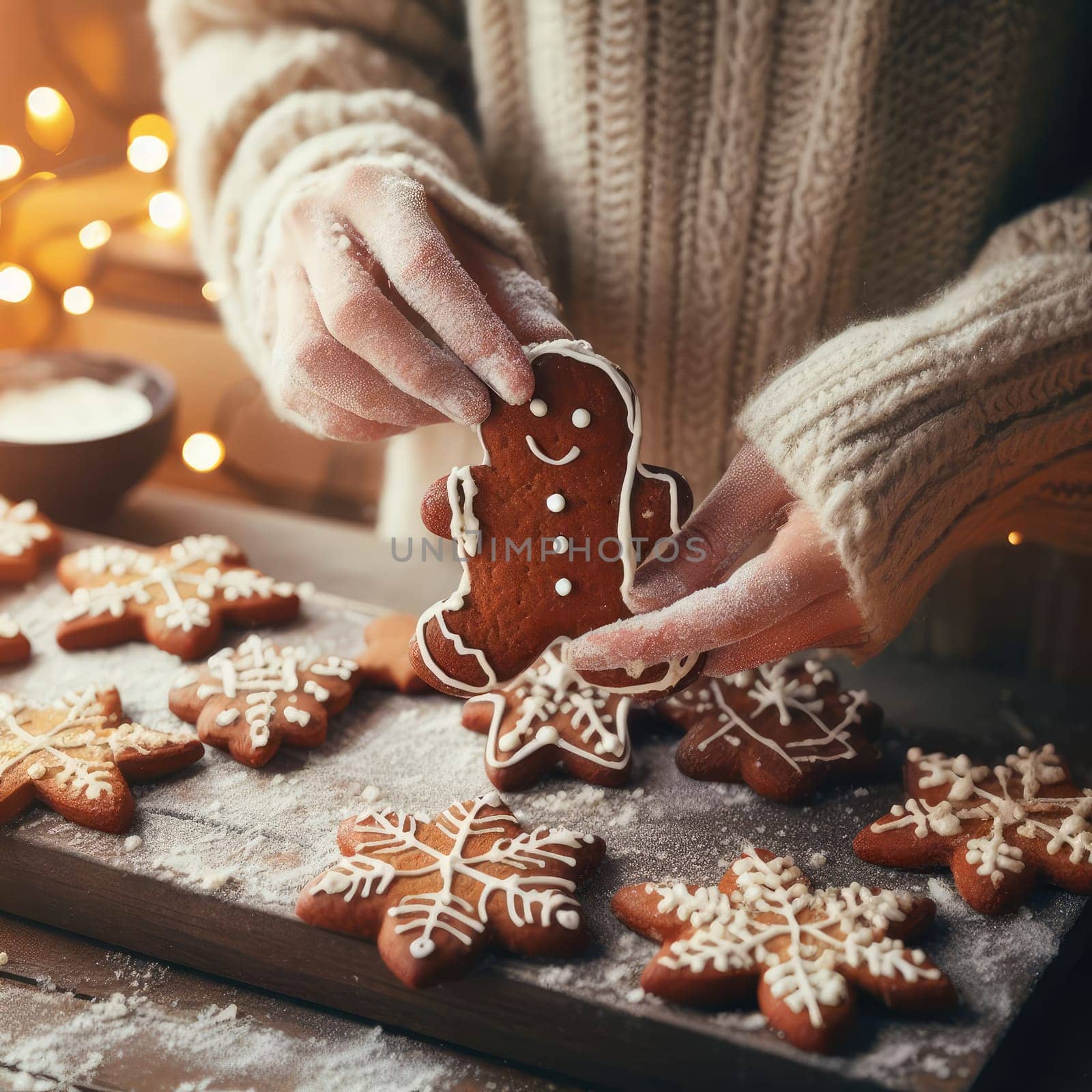 Gingerbread dough with metal cutters in different shapes for christmas cookies and wooden rolling pin, anise, ginger, cinnamon, pine cones, fir branches, flour on rustic table. Flat lay