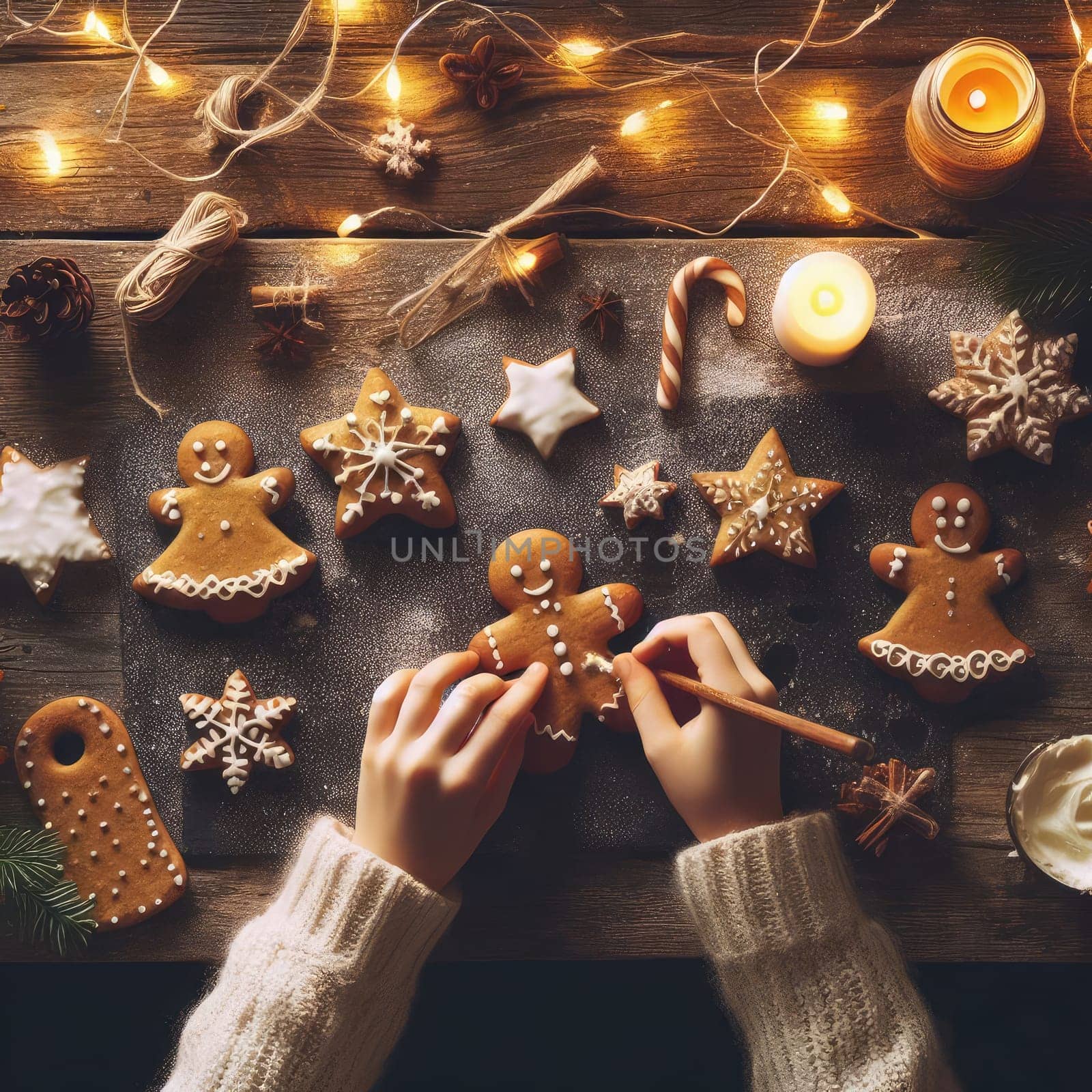 Hands decorating gingerbread cookies with icing on rustic wooden table on background of christmas golden lights. Atmospheric Christmas holiday traditions. Decorating cookies with sugar frosting