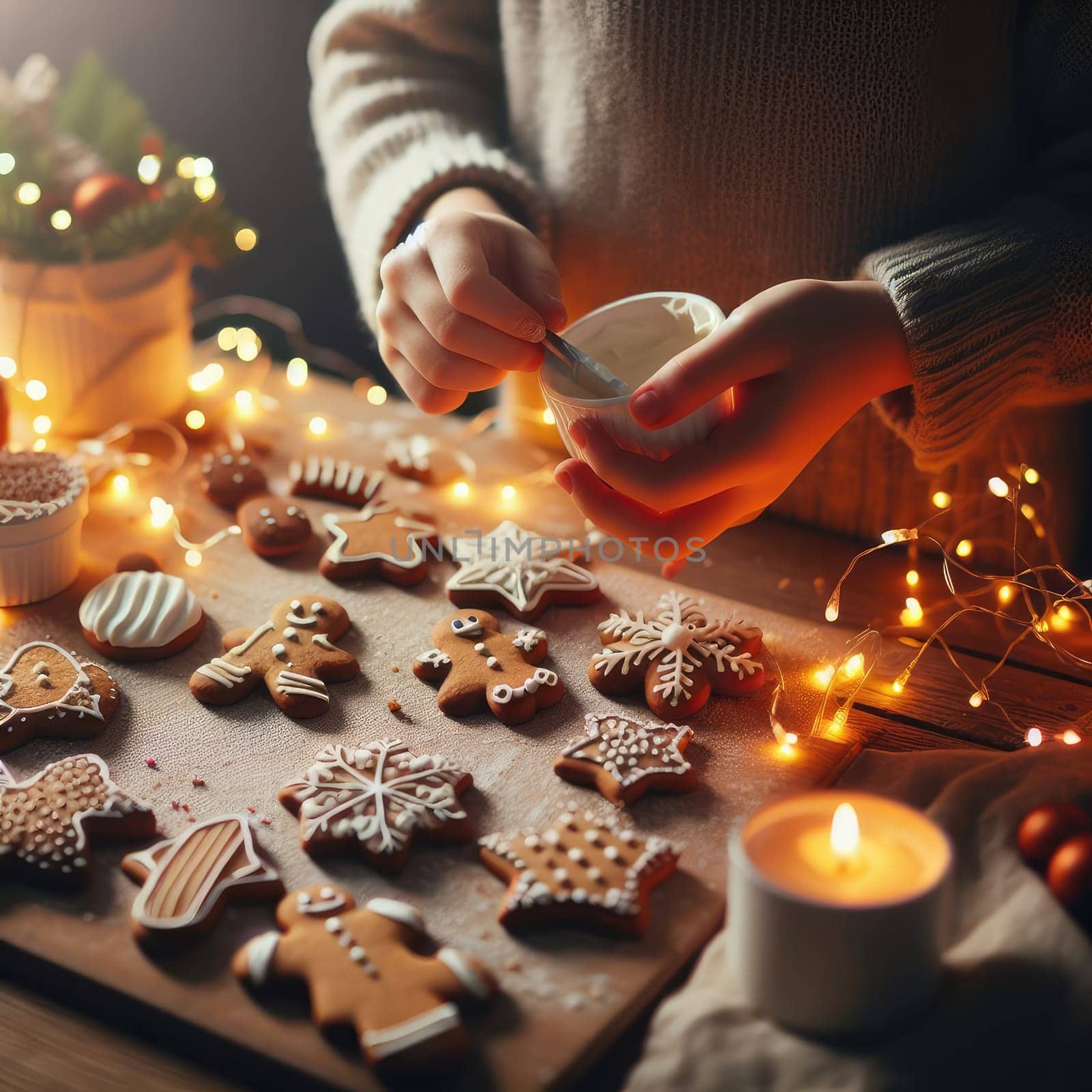 Hands decorating gingerbread cookies with icing on rustic wooden table on background of christmas golden lights. Atmospheric Christmas holiday traditions. Decorating cookies with sugar frosting