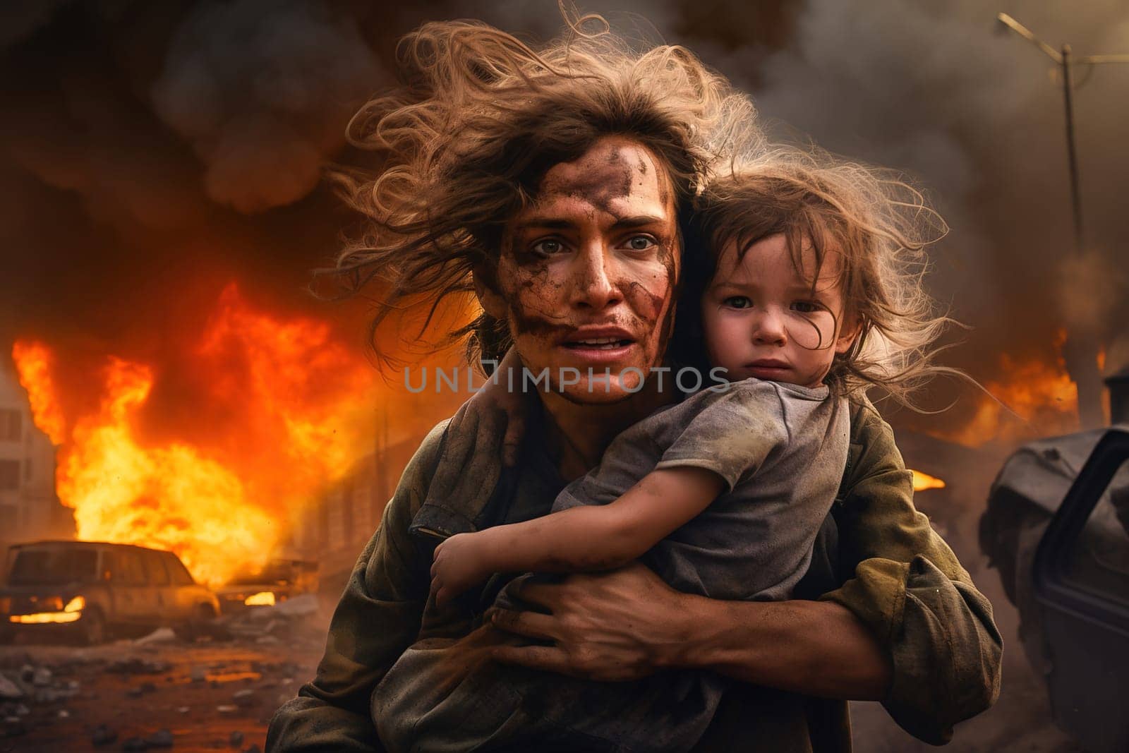 A woman tries to protect her child from a bomb explosion. High quality photo