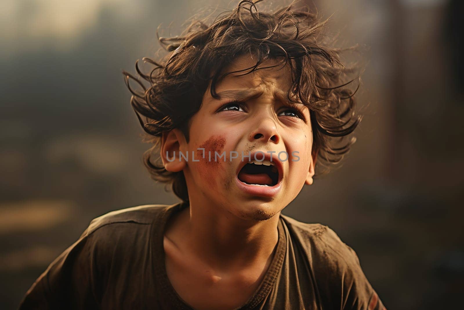 Portrait of an unhappy boy during a bombing. Fear and horror on the face. High quality photo