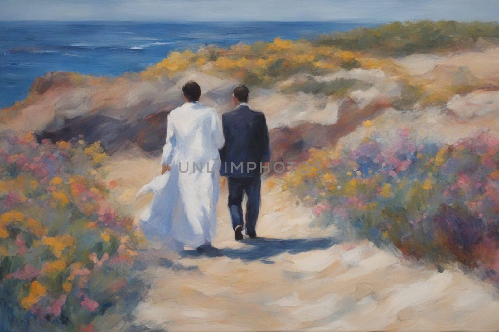 gay loving couple walking by hand in the beach, romantic open mixed race and gender relationship illustration concept generative ai art