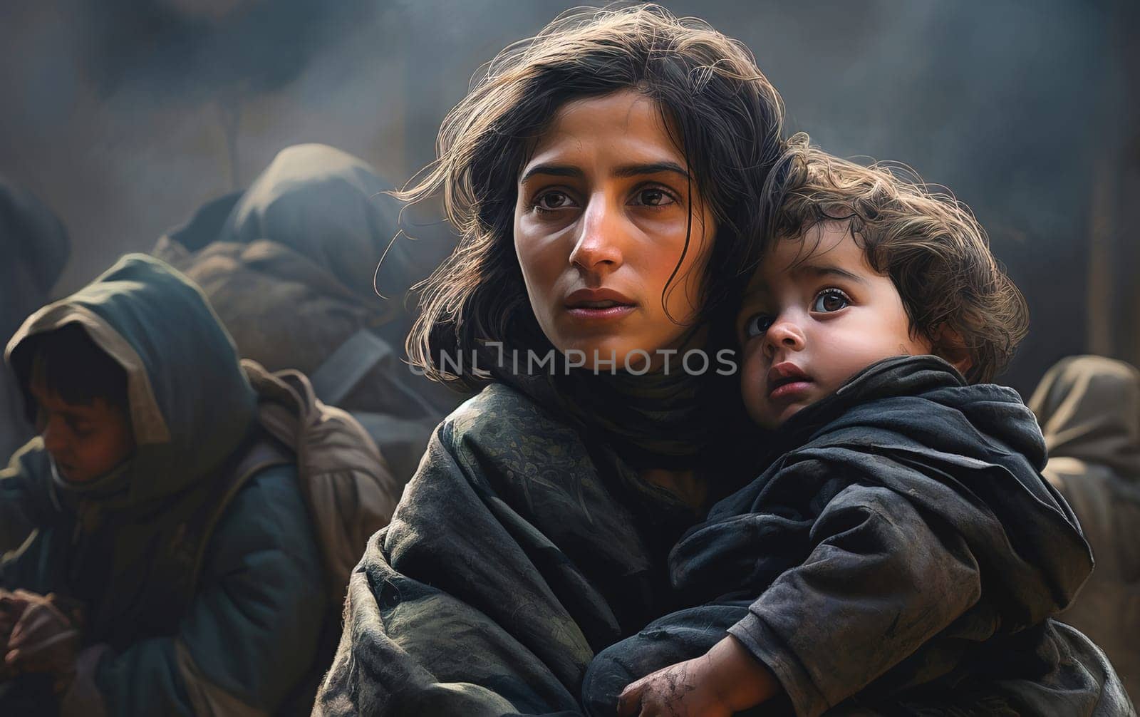 A Polestinian woman tries to protect her child from a bomb explosion. by Yurich32