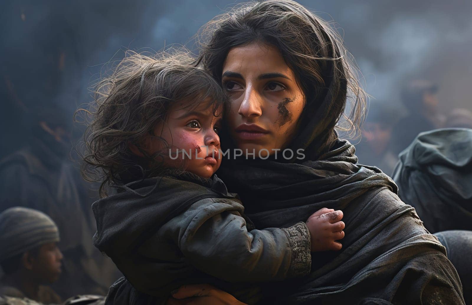 A Polestinian woman tries to protect her child from a bomb explosion. High quality photo