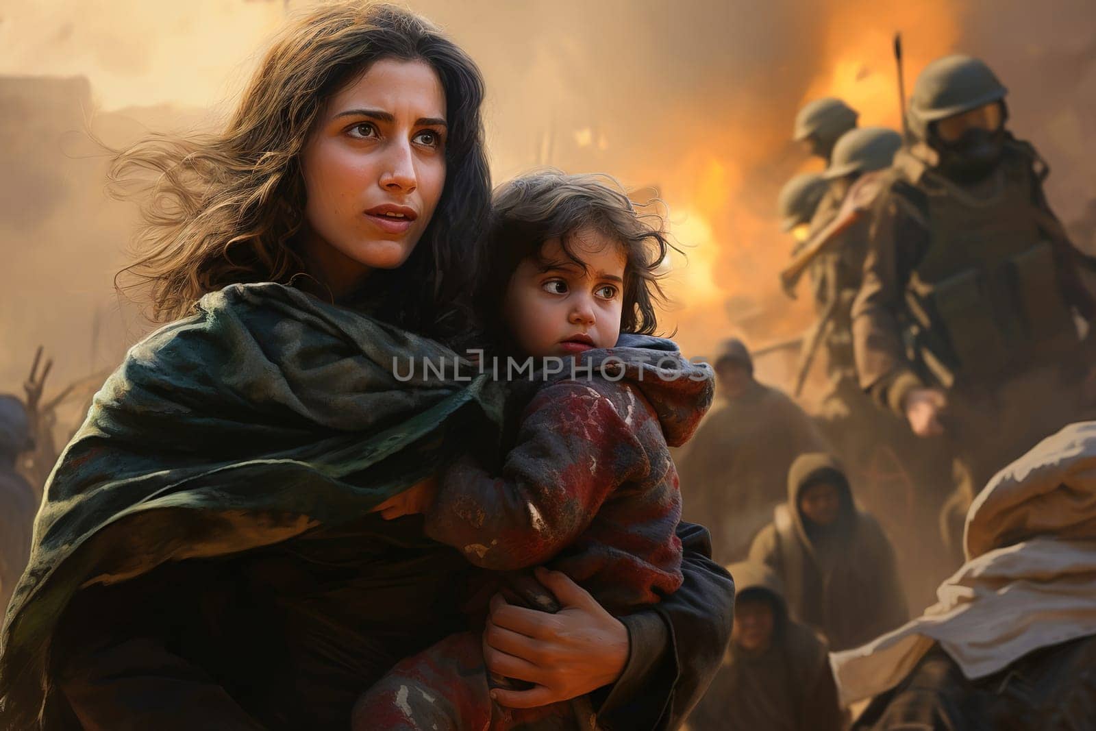 A Polestinian woman tries to protect her child from a bomb explosion. High quality photo