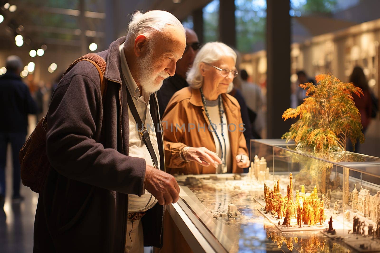 Elderly people looking at souvenirs at a counter at an exhibition. by Yurich32