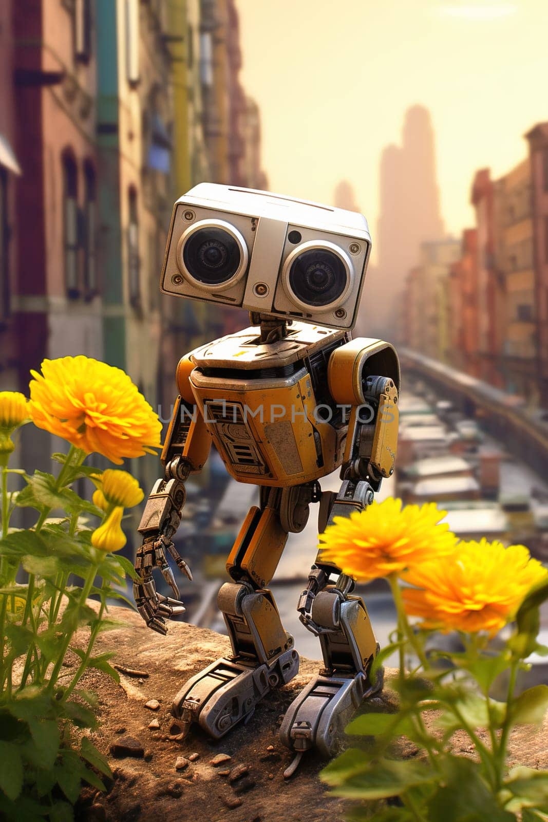 Little robot with a flower in a big city. Greening the planet concept. by Yurich32