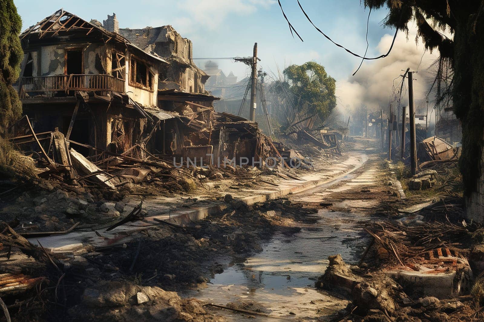 Destroyed houses and infrastructure, consequences of war. Abandoned city. High quality photo