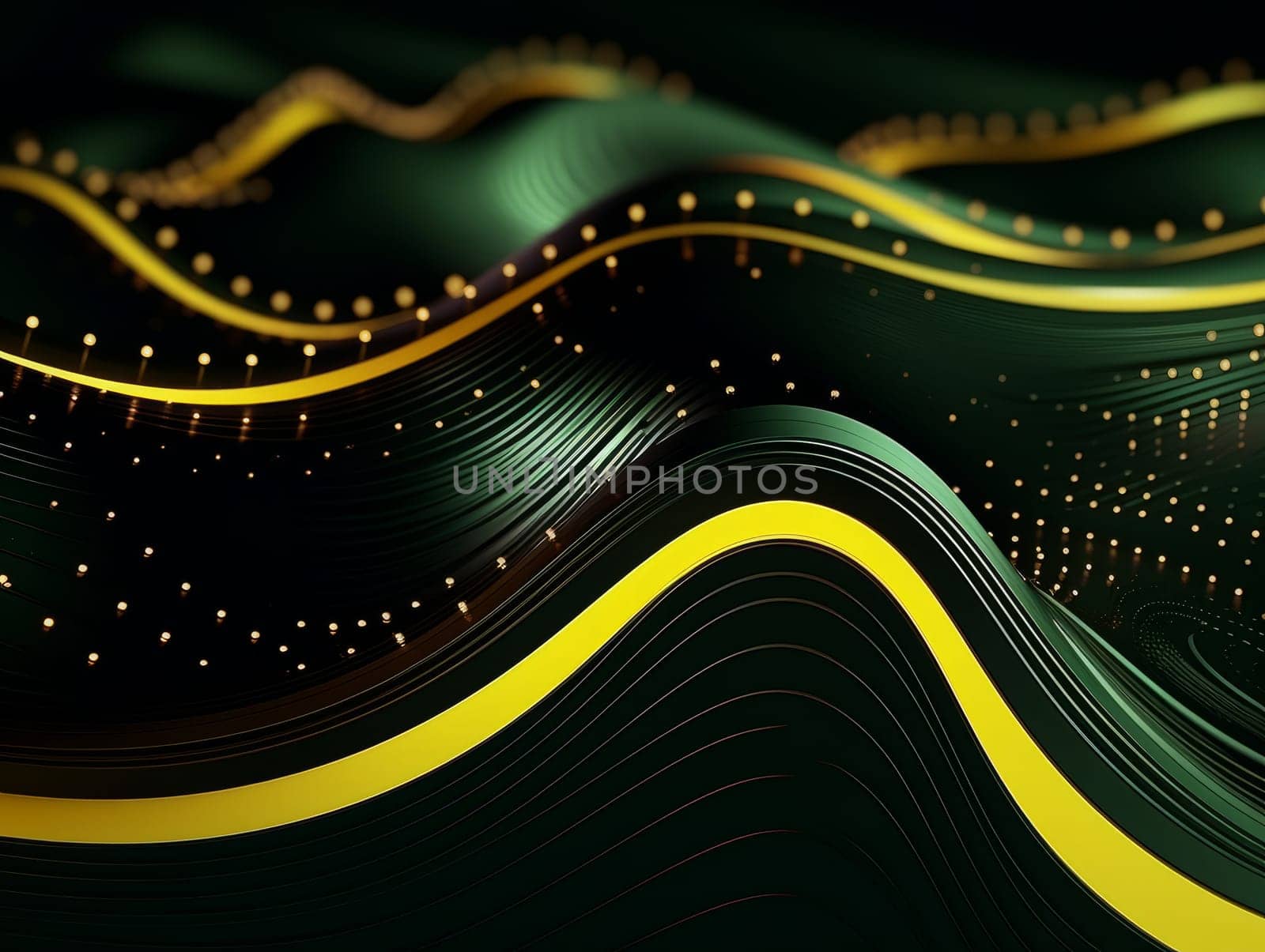 3D Abstract technology, green and yellow neon background of lines and dots, science and technology business concept of digital future technologies. AI