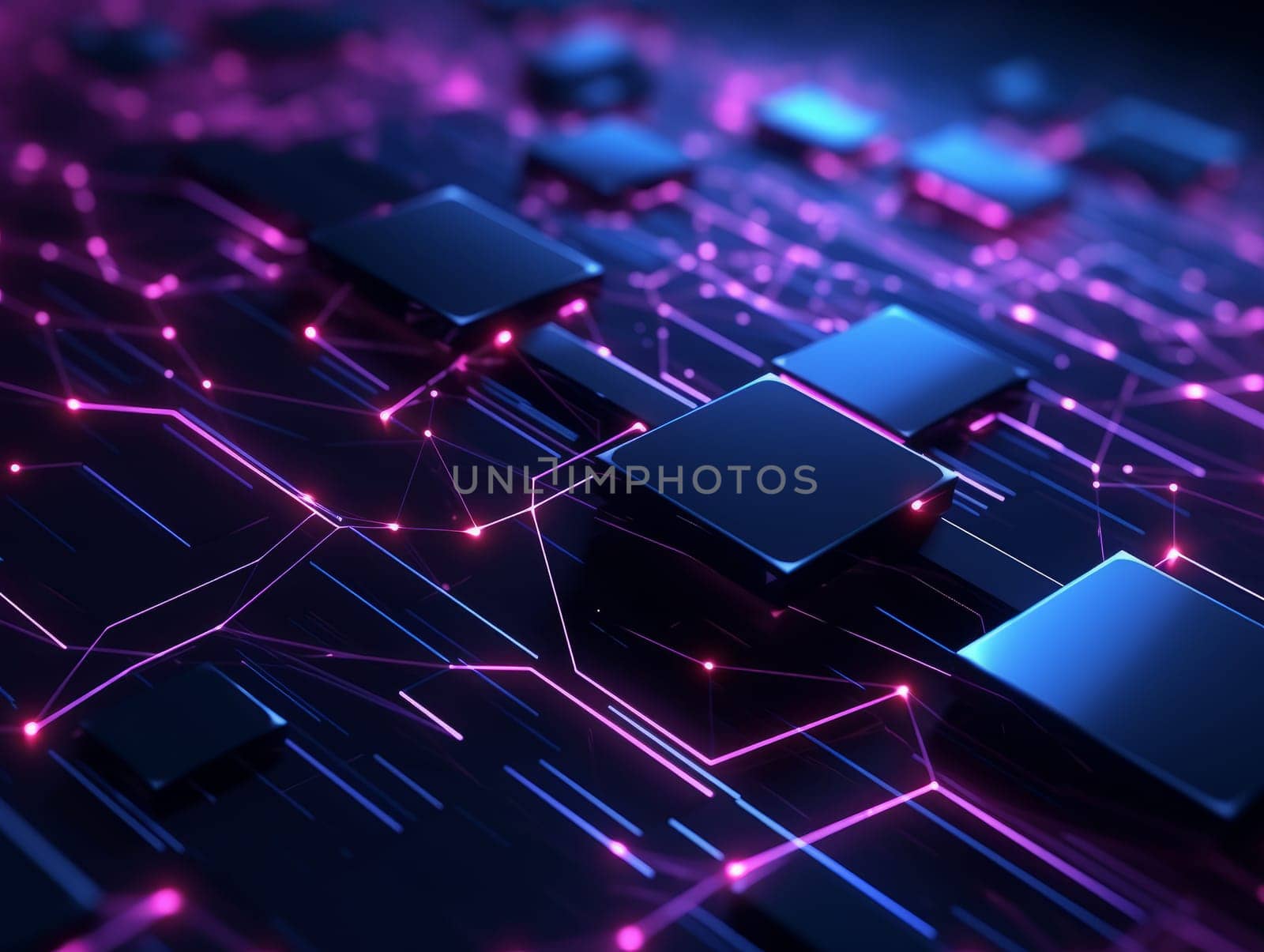 3D Abstract technology, purple and blue neon background of lines and dots, science and technology business concept of digital future technologies. AI