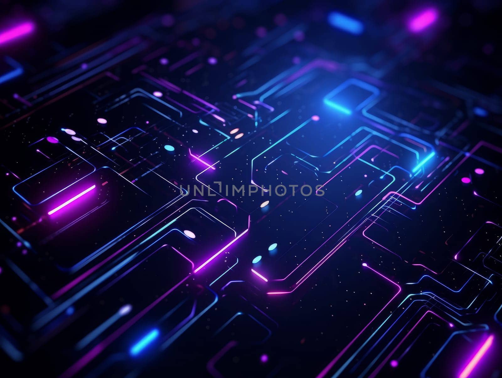 3D Abstract technology, purple and blue neon background of lines and dots, science and technology business concept of digital future technologies. AI