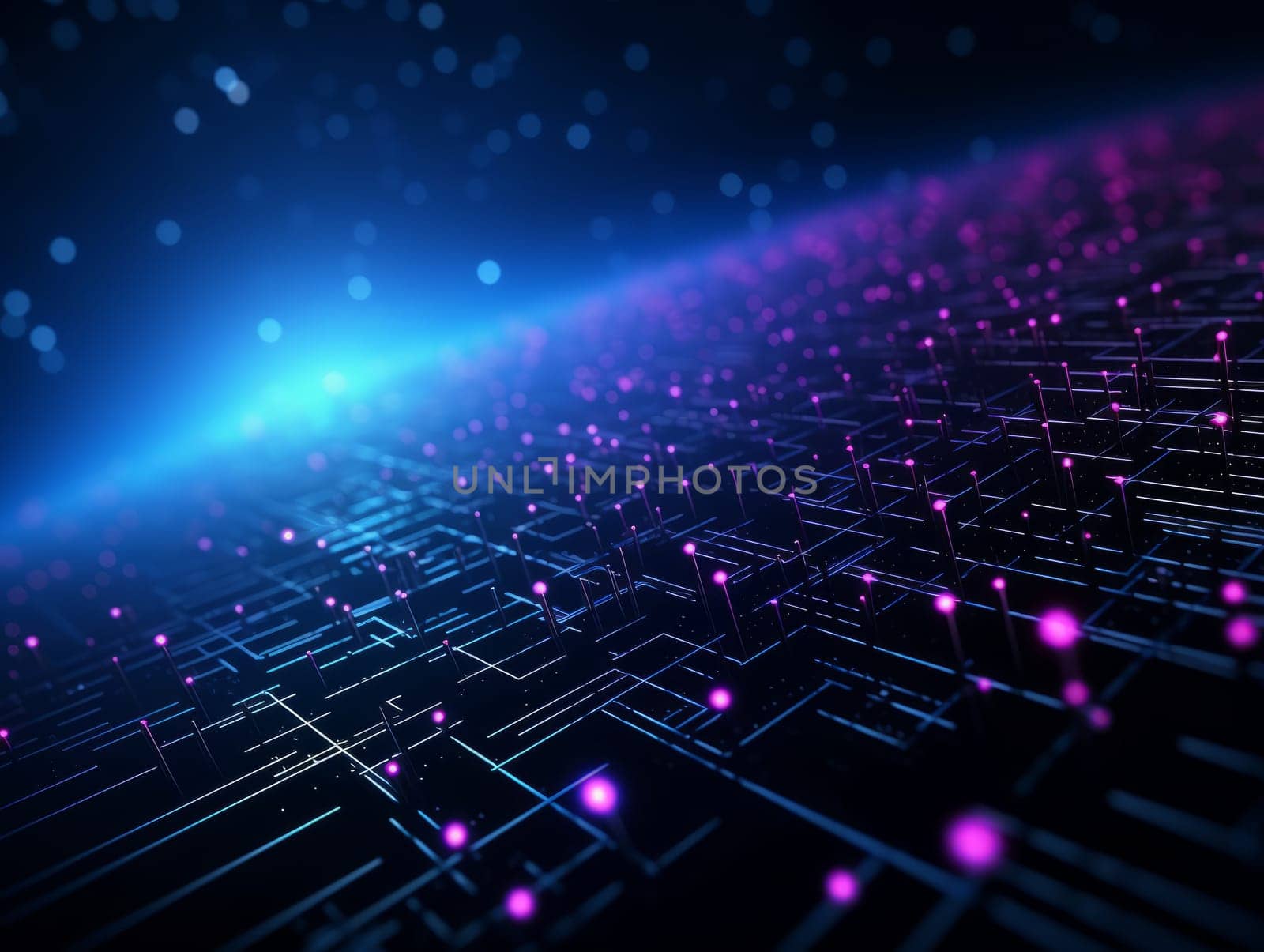 3D Abstract technology, purple and blue neon background of lines and dots, science and technology business concept of digital future technologies. AI