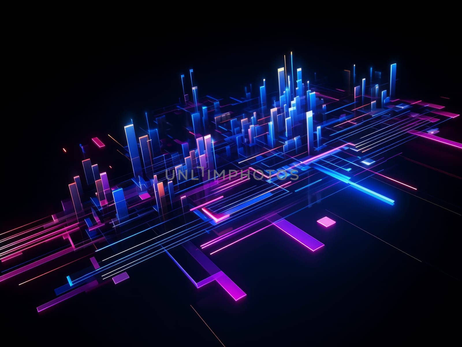 3D Abstract technology, purple and blue neon background of lines and dots, science and technology business concept of digital future technologies. AI