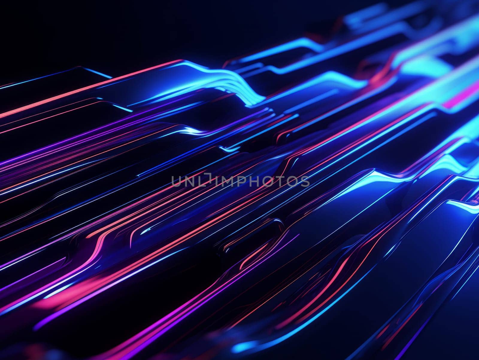 3D Abstract technology, purple and blue neon background of lines and dots, science and technology business concept of digital future technologies. AI