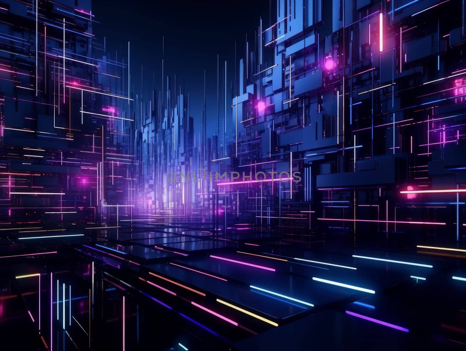 3D Abstract technology, purple and blue neon background of lines and dots, science and technology business concept of digital future technologies. AI