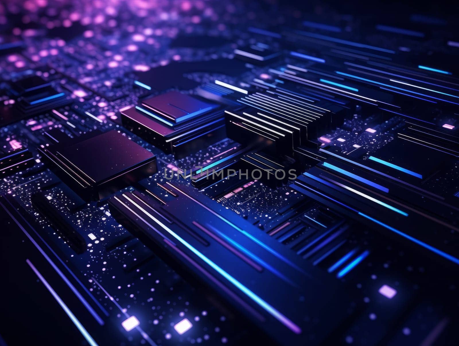 3D Abstract technology, purple and blue neon background of lines and dots, science and technology business concept of digital future technologies. AI