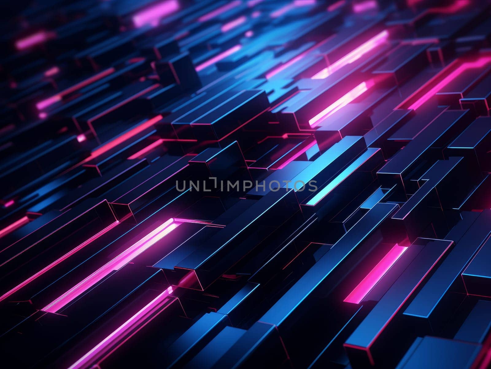 3D Abstract technology, purple and blue neon background of lines and dots, science and technology business concept of digital future technologies. AI