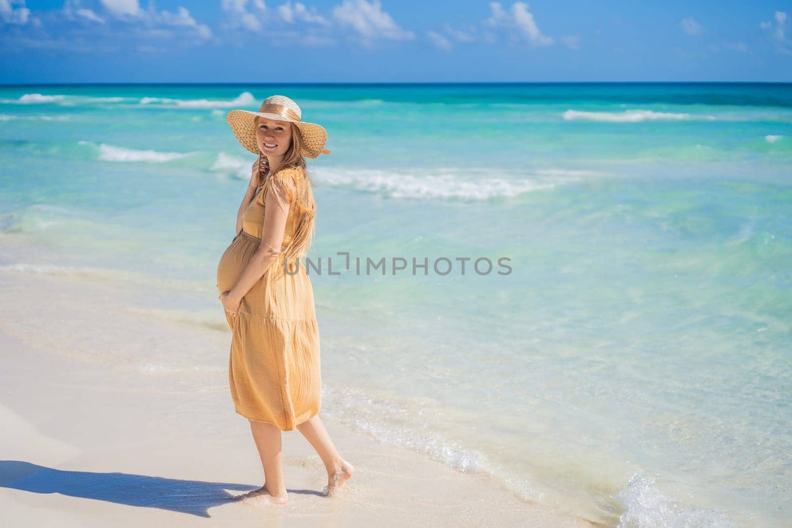 Radiant and expecting, a pregnant woman stands on a pristine snow-white tropical beach, celebrating the miracle of life against a backdrop of natural beauty by galitskaya