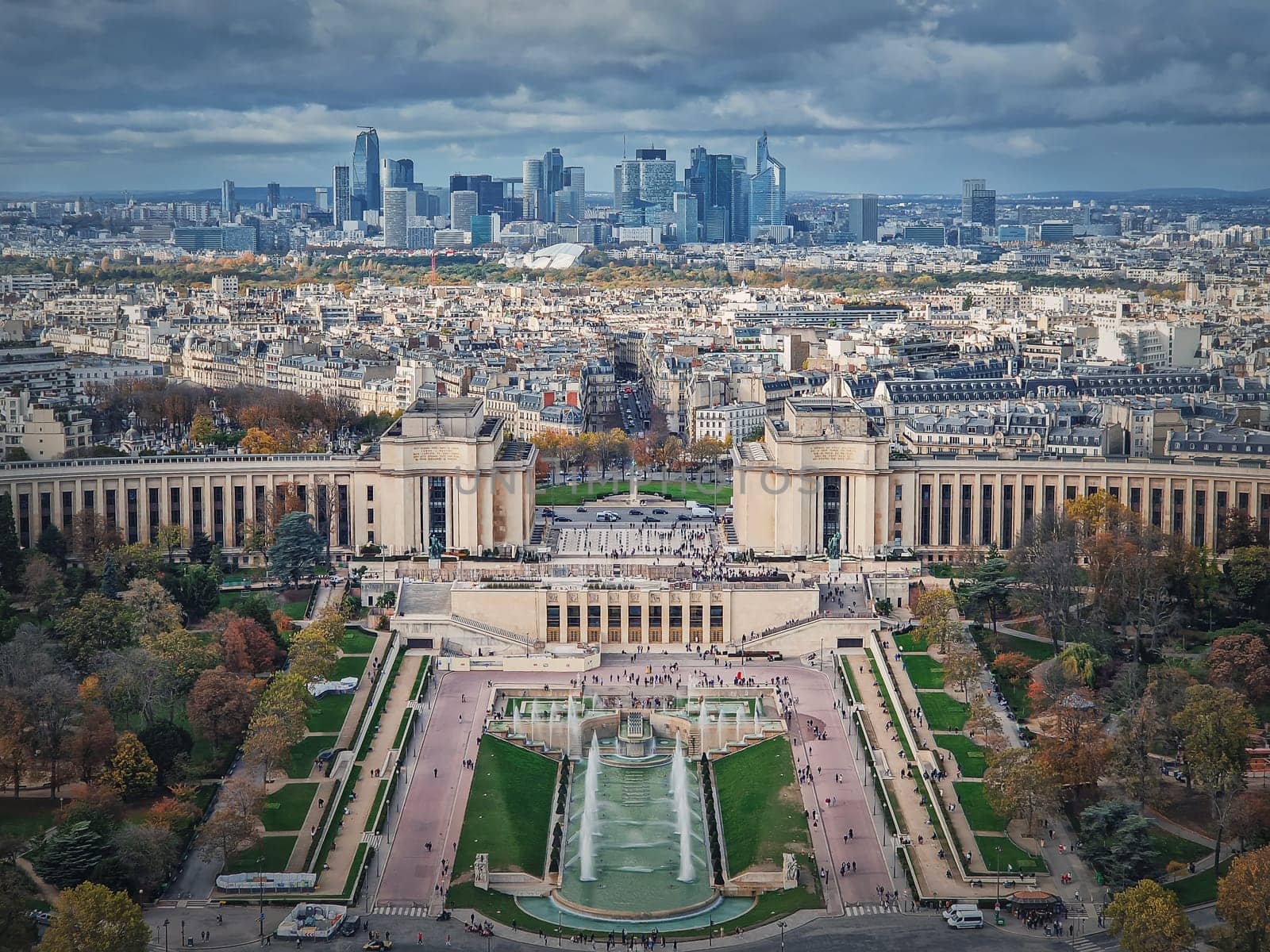 Sightseeing aerial view of the Trocadero area and La Defense metropolitan district seen at the horizon in Paris, France. Beautiful autumn season colors by psychoshadow