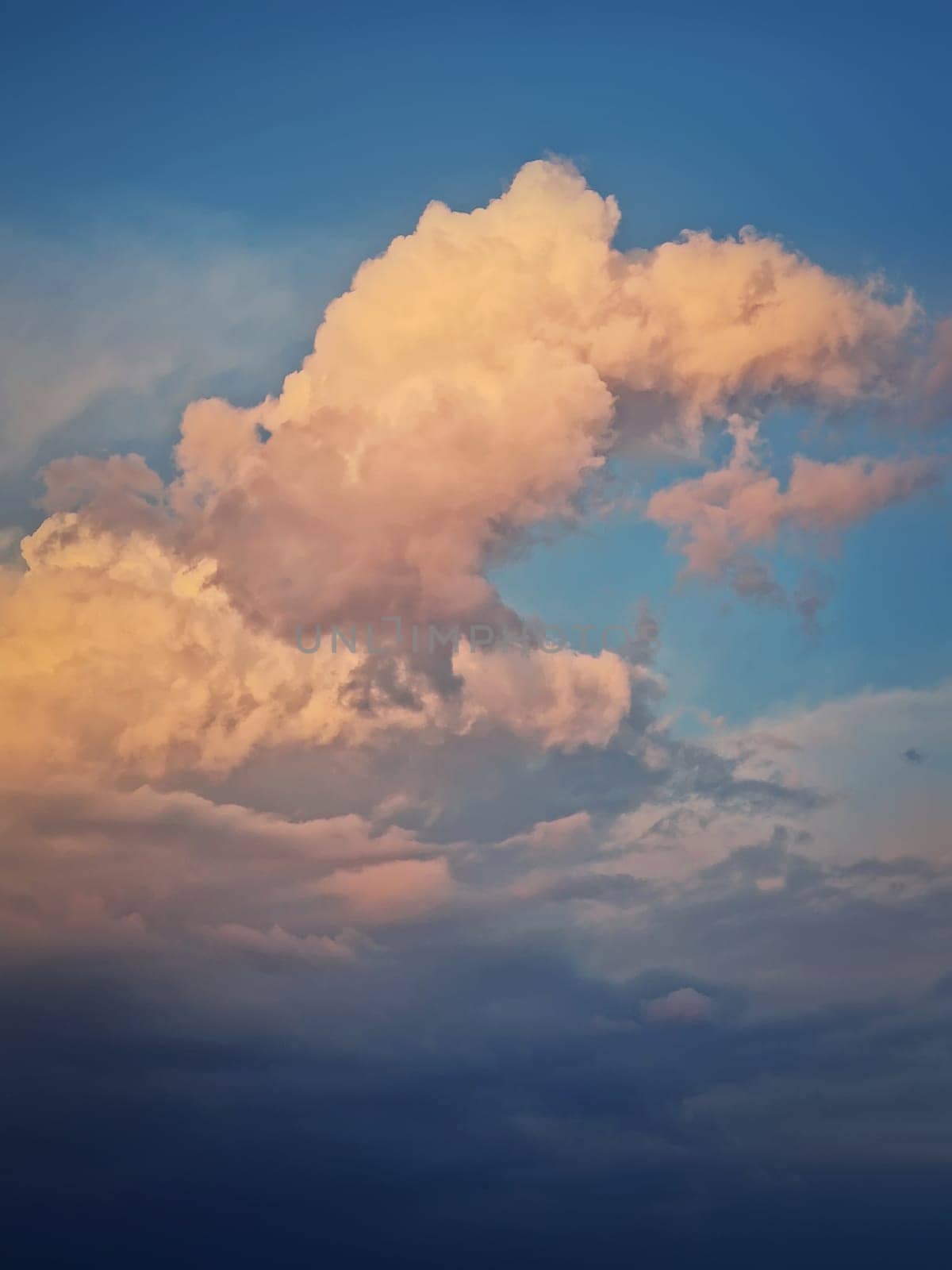 Sunlit cumulus storm clouds, pink and golden sunset light. Dreamy sky, vertical celestial background by psychoshadow