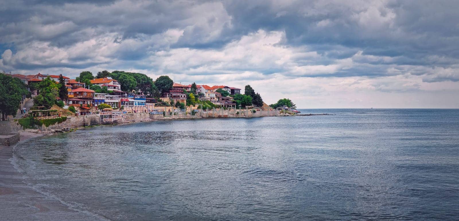The old town of Nessebar, UNESCO world heritage on the Black Sea coastline, Burgas Region, Bulgaria. Sightseeing panorama with ancient houses on the coast