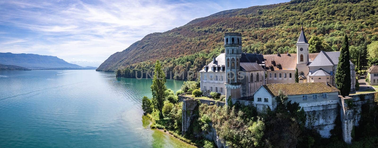 Aerial view of Abbey of Hautecombe, or Abbaye d'Hautecombe, in Savoie, France, Europe