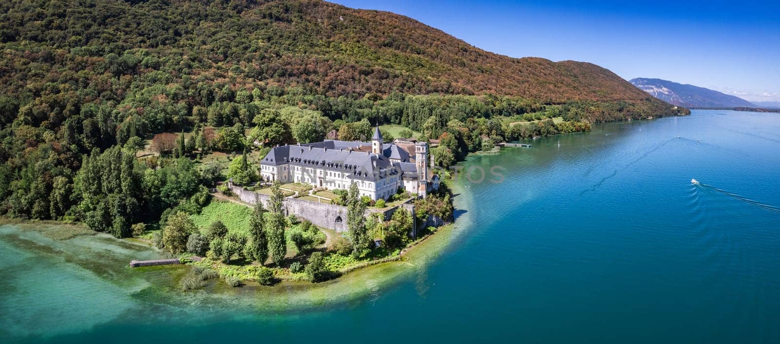 Aerial view of Abbey of Hautecombe, or Abbaye d'Hautecombe, in Savoie, France, Europe