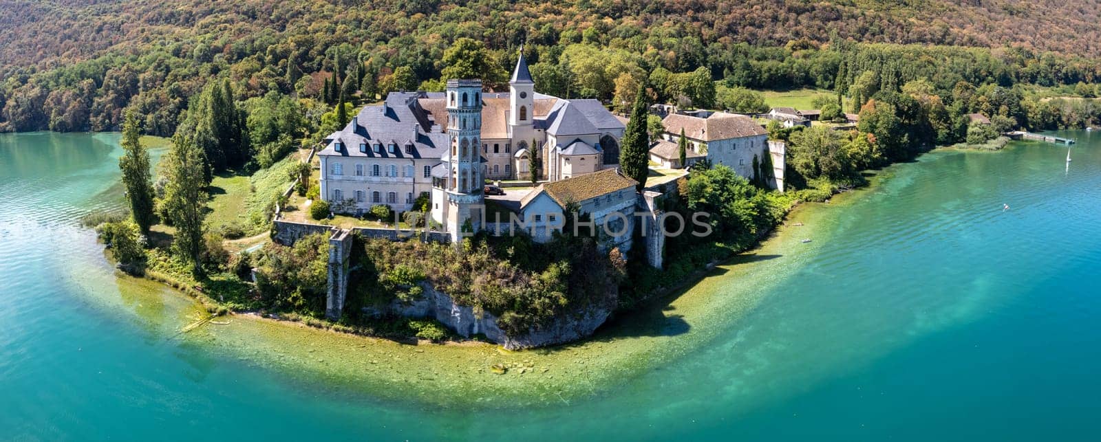 Aerial view of Abbey of Hautecombe, or Abbaye d'Hautecombe, in Savoie, France, Europe