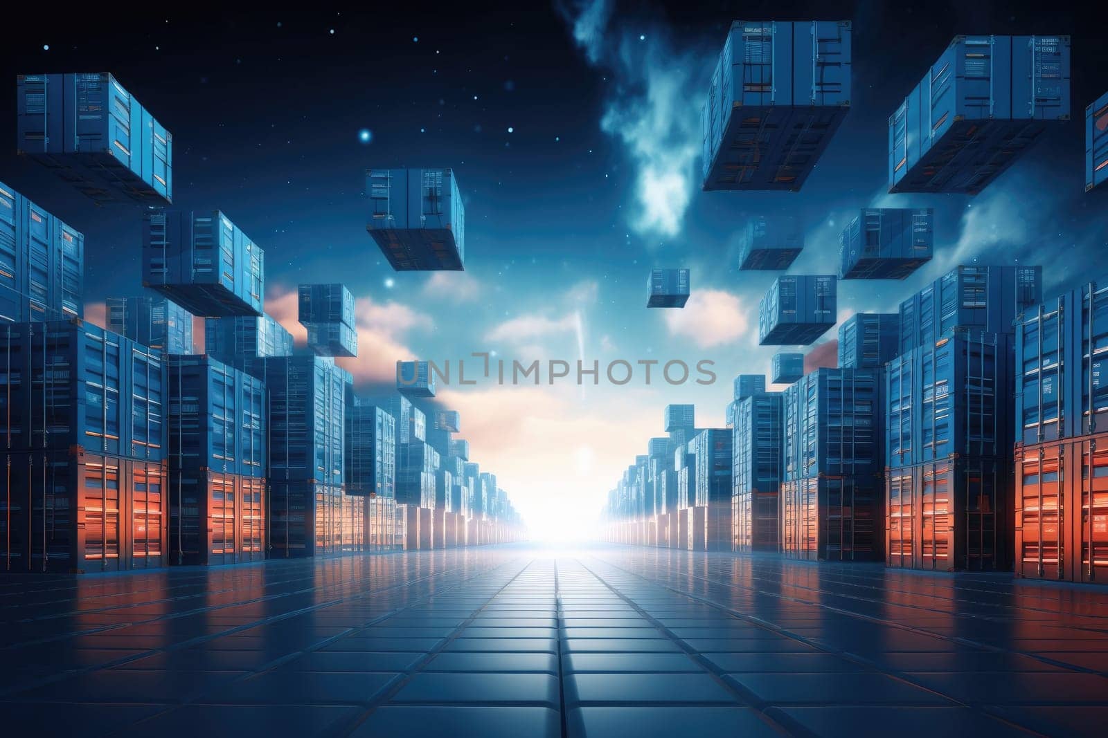 Abstract night cityscape background. Smart city, ai and digital transformation concept. Double exposure.