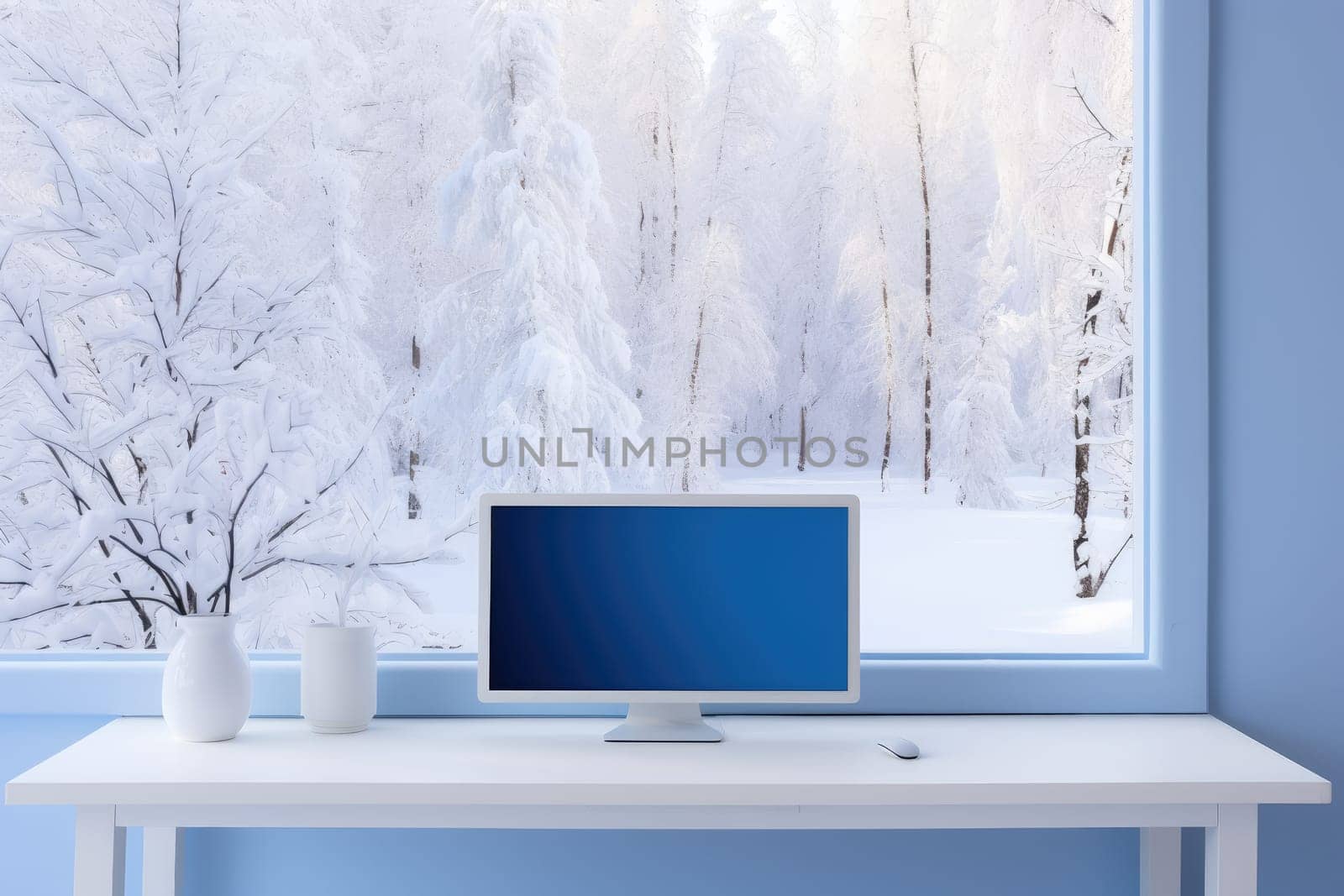 Laptop with blank screen in house and winter season. Generative AI.