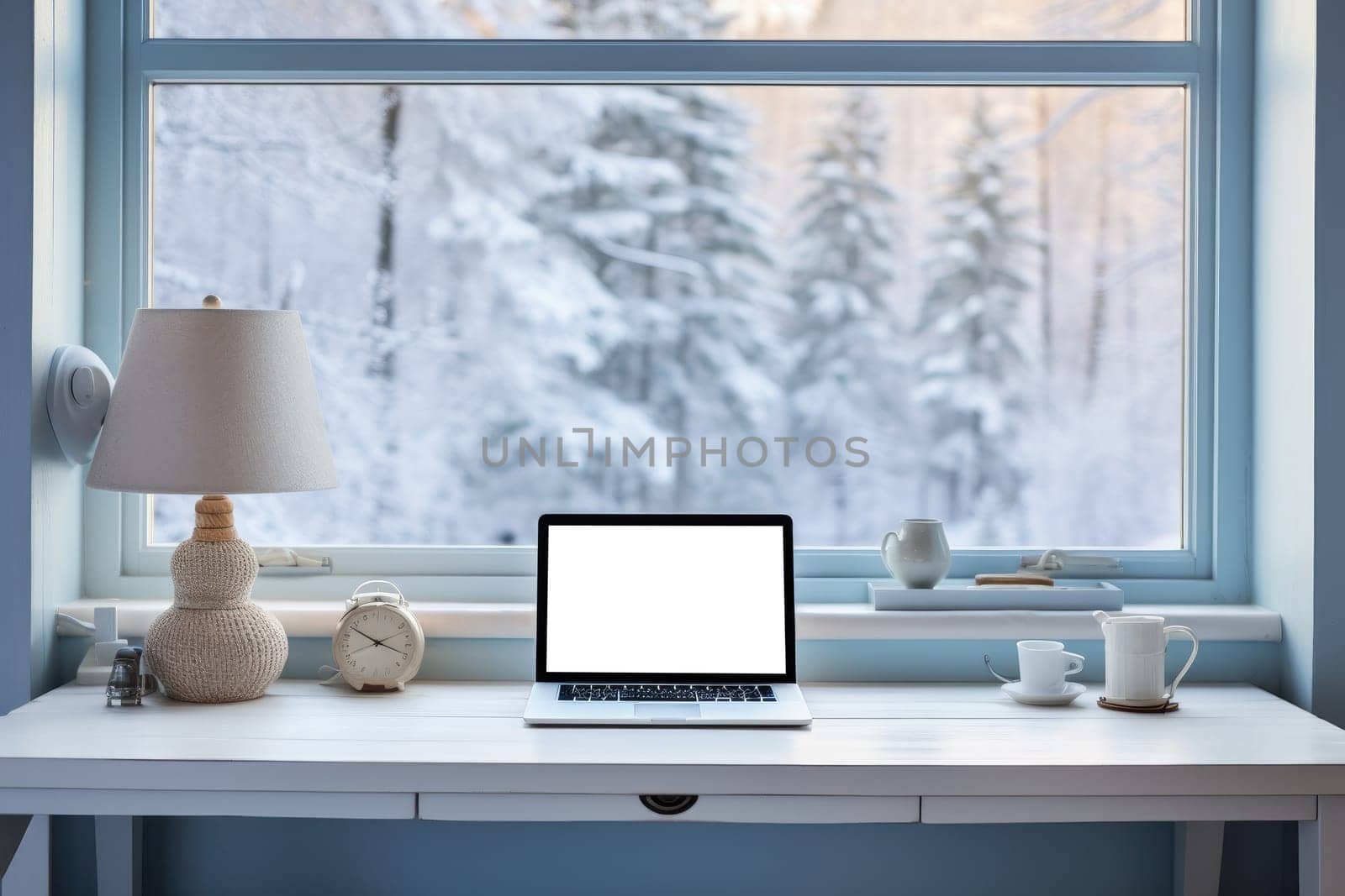 Laptop with blank screen in house and winter season. Generative AI by itchaznong