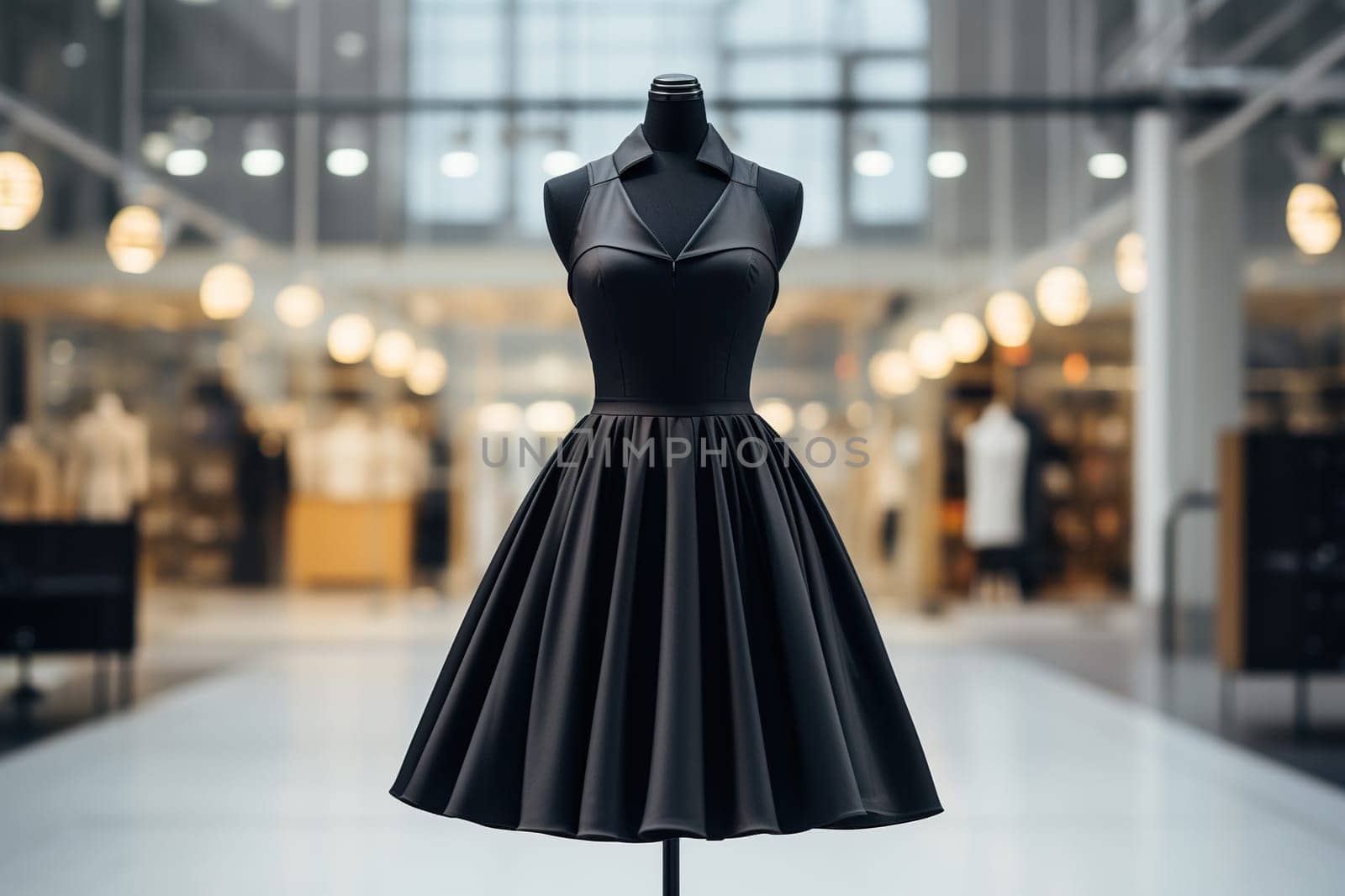 A beautiful black dress on a mannequin in a fashion salon. Shopping concept. Generated by artificial intelligence by Vovmar