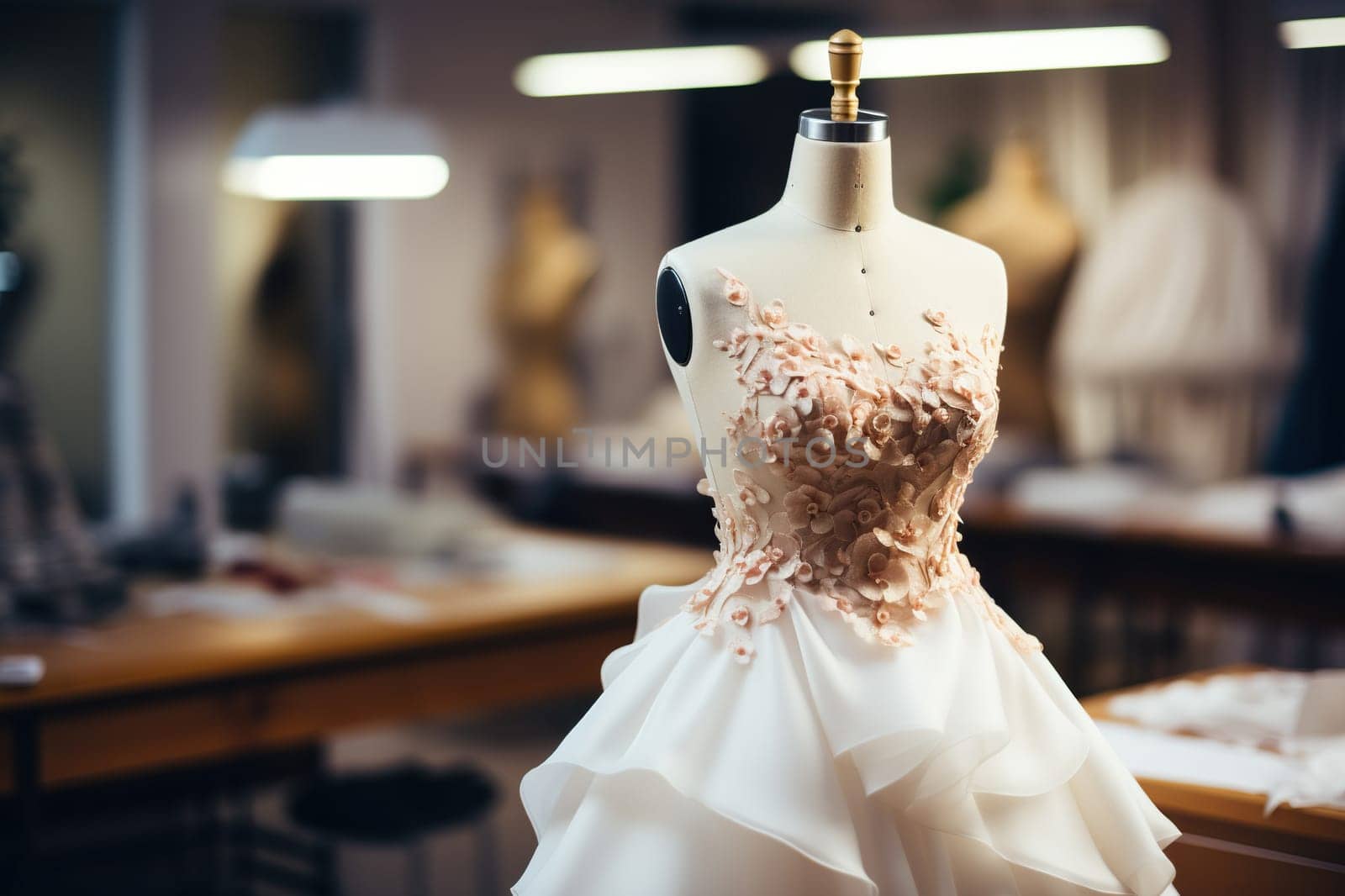 Wonderful wedding dress in a designer store, atelier.